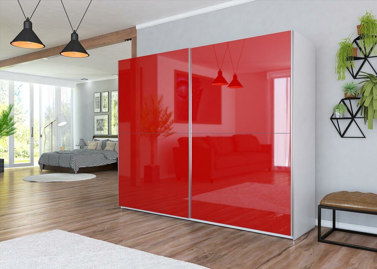 Красный шкаф в зал с зеркалом